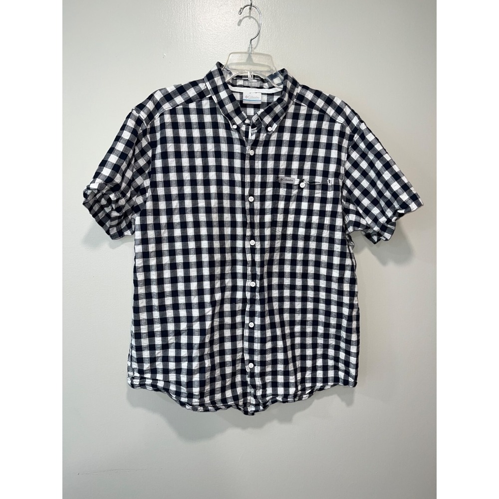 Columbia Shirt Mens Large L Black White Gray Checkered Button Down Short Sleeves